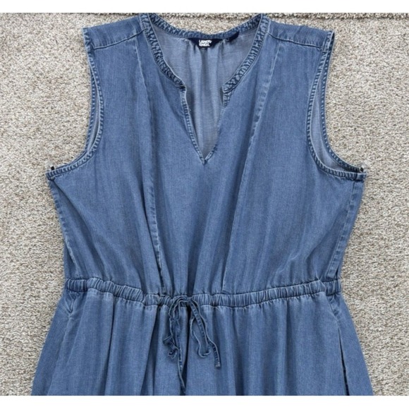 Lands End Lyocell Tiered Midi Dress Size XXL Blue Elastic Tie Waist Seam Pockets - Picture 2 of 12